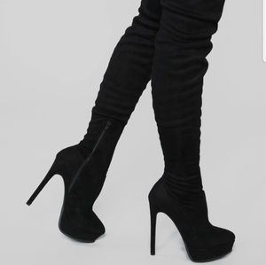 Over the Knee Black Suede High Heel Boots, size 7.
